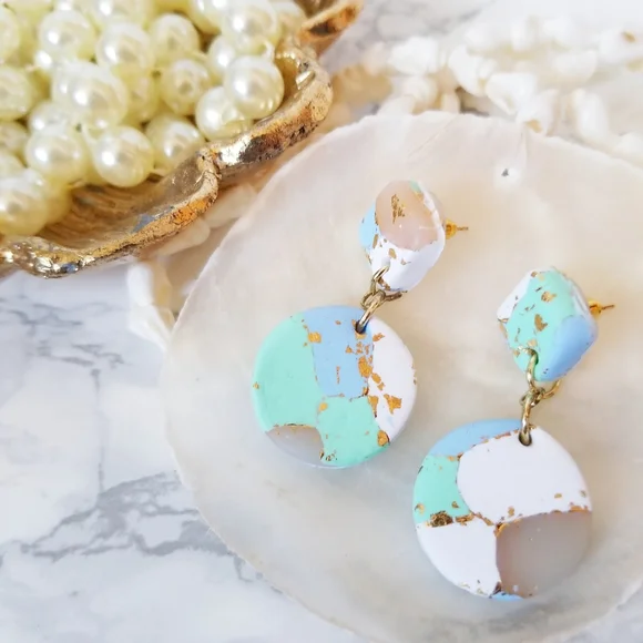 Jewelry Aqua Blue White Polymer Clay Circle Gold Foil Dangle